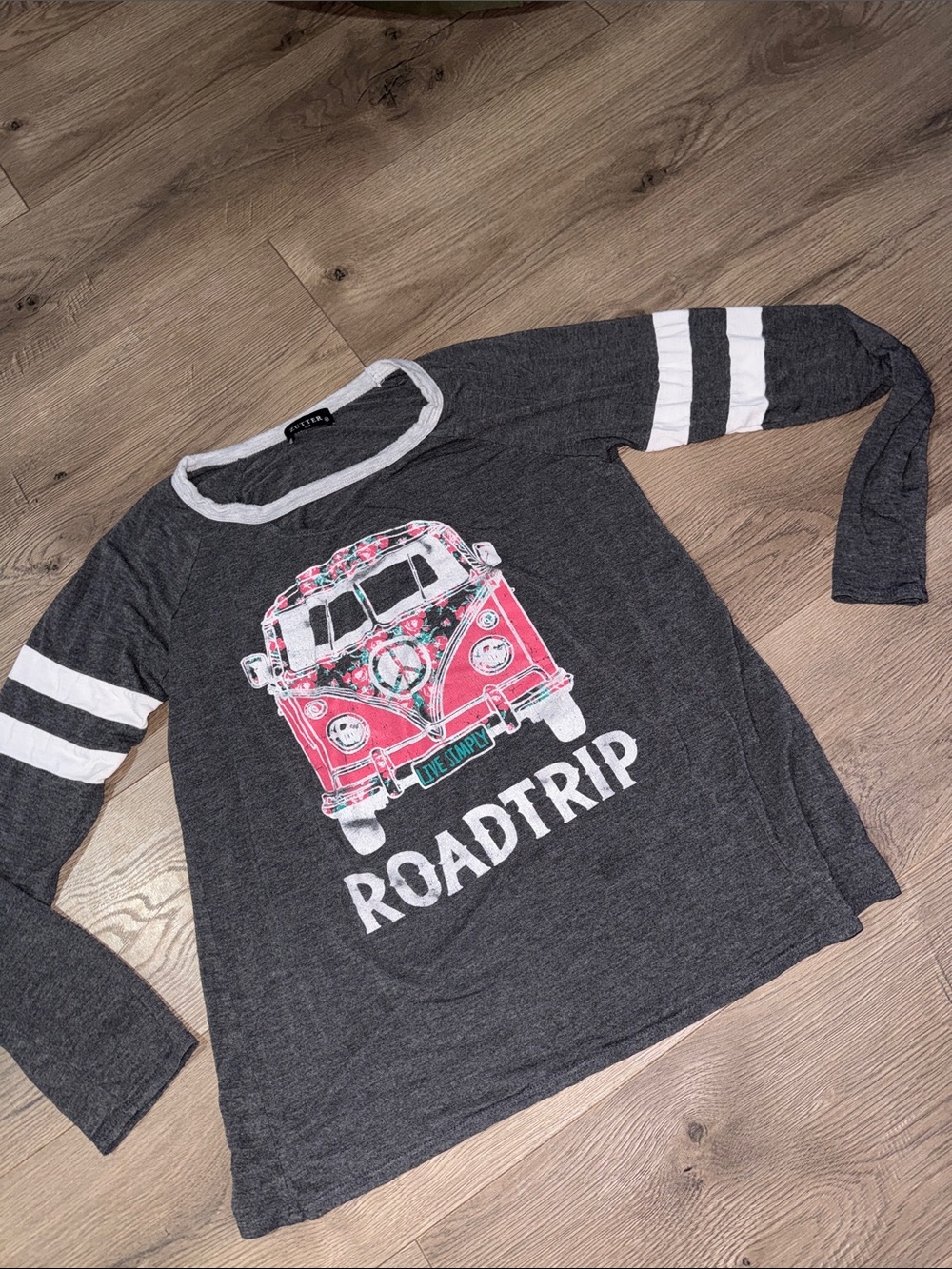 Roadtrip Graphic Long-Sleeve Tee in Dark Gray with Pink Van